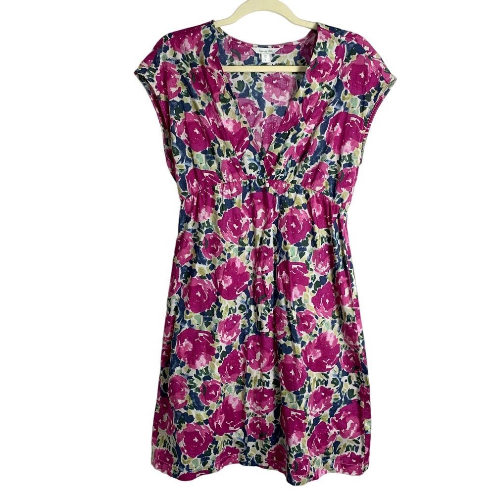 Garnet Hill‎ Womens Pink Floral 100% Cotton V Neck Dress Size 2 Cap Sleeve